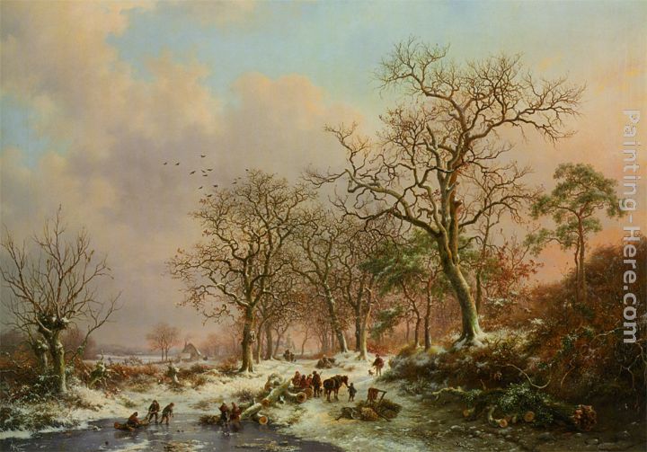 Wood gatherers in a winter landscape with a castle beyond painting - Frederik Marianus Kruseman Wood gatherers in a winter landscape with a castle beyond art painting